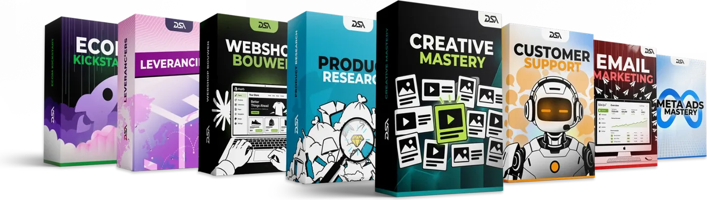 Alle cursusdozen van Dropship Academy naast elkaar
