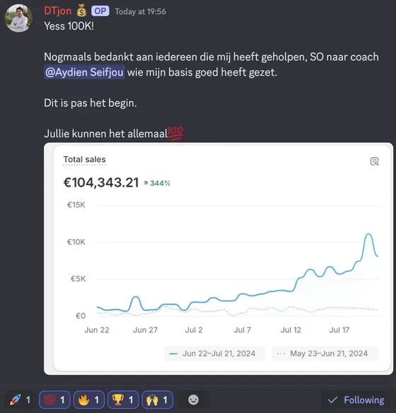 Schermafbeelding uit de community: Berkay deelt een totale omzet van €54.718,88 in een maand