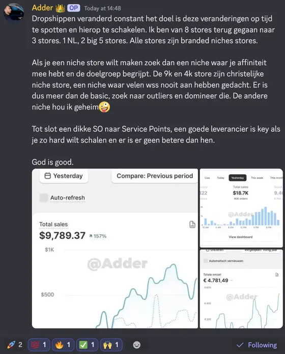 Schermafbeelding uit de community: Adder deelt resultaten van meerdere niche-stores